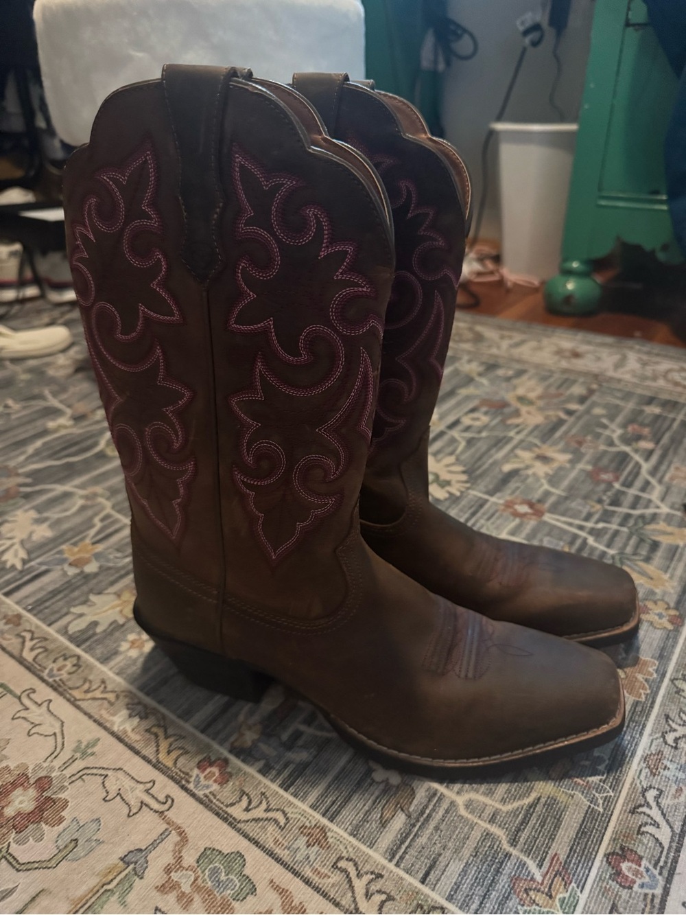 Ariat Brown Leather Cowboy Boots with Pink Embroidery